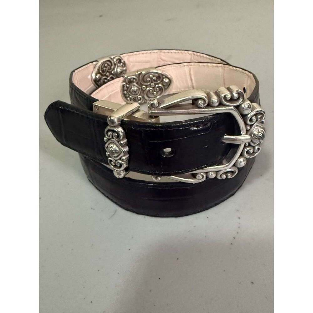 Brighton Reversible Belt Size 30 Med Tan Black Faux Croc Snake Leather Silver